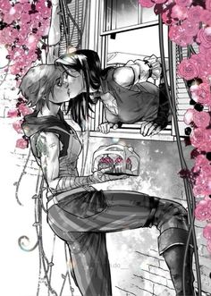 a drawing of two people kissing in front of a window with pink flowers on it