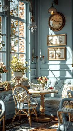 a living room filled with furniture and lots of window sill covered in sunlight shining through the windows