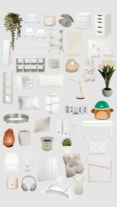 an assortment of objects are arranged on a white background, including bedding and pillows