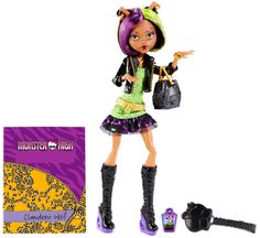 an image of a doll with purple hair and black boots holding a purse in her hand