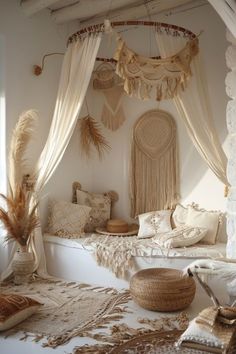 a bed with white sheets and pillows in a room that is decorated with natural materials