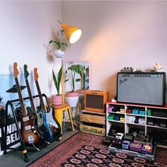 Music Themed Rooms Interior Design, Guitarist Room Aesthetic, Musician Bedroom, Music Studio Room Aesthetic, Bedroom Music Studio, Musician Room, Guitar Setup, Guitar And Amp, Music Room Design