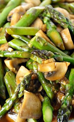 asparagus, mushrooms and other vegetables are mixed together