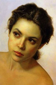 an oil painting of a woman's face with dark hair and no shirt on