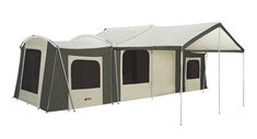 a tent that is set up on the ground with two windows and one door open