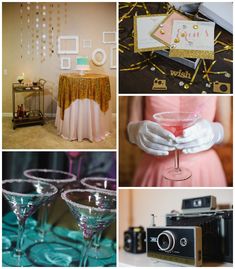 a collage of photos with champagne glasses and other things in them, including an old fashioned camera