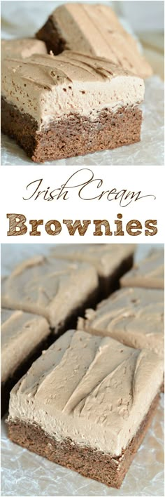 brownies with frosting on top and the words irish cream brownies above them