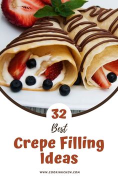 crepe filled with strawberries and blueberries on top of a white plate