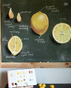 a chalkboard with lemons and pears on it next to an easel