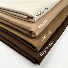 four different colors of fabric stacked on top of each other, with the words natural and khaki printed on them