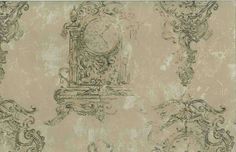 an old wallpaper with a clock and ornate designs on the back side, in beige