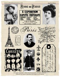 an old poster with many different things on it's back side, including the eiffel tower