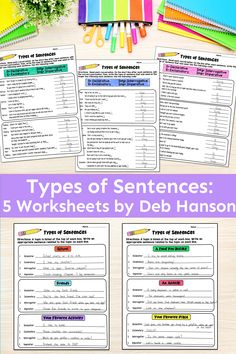 five types of sentences worksheets by deb hasson on the table