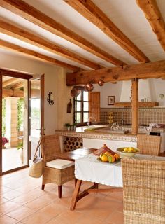 the kitchen is clean and ready to be used for cooking or eating, with wicker chairs around the table