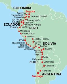 a map showing the route to and from different cities in latin america, including colombia