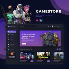 the game store website is displayed in purple and black, with an image of characters on it