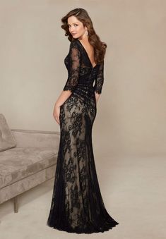 3/4 Long Sleeve Long Mermaid Black Lace Evening Mother Of The Bride Dress Floor Length Lace Dress, Mother Of The Bride Dresses Long, Evening Dresses Online, Mother Of Groom Dresses, Cheap Evening Dresses, Evening Party Gowns, Formal Evening Dress, Plunging Neck, Bride Gowns