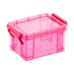 a pink plastic storage box with handles