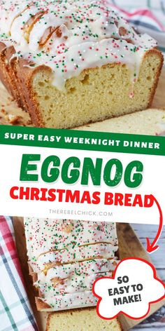 an eggnog christmas bread with white frosting and sprinkles on top