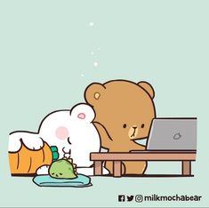 two teddy bears sitting at a table with a laptop