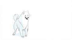 a drawing of a white dog standing in front of a white wall and looking at the camera