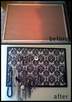 the before and after shot of a wall hanging jewelry organizer