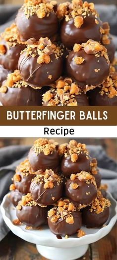 chocolate covered butterfinger balls are stacked on top of each other in a white plate