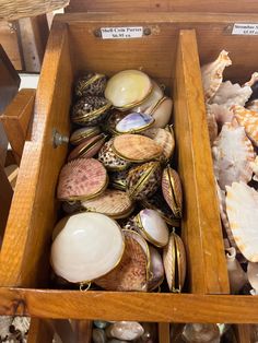 a wooden box filled with lots of different types of seashells