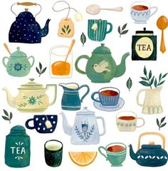 an illustration of various teapots and cups