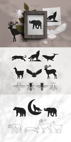 the silhouettes of animals and birds are shown in this graphic art work, which includes an