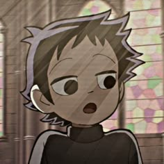 an animated image of a young boy in front of a stained glass window with his mouth open