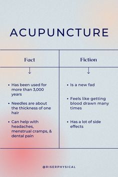 Acupuncture involves the insertion of very thin, sterile, and disposable needles at strategic points. Traditional Chinese Medicine believes acupuncture balances the smooth flow of energy, or Qi, throughout the body. Studies have shown acupuncture to be effective for musculoskeletal pain, depression, migraines, seasonal allergies, and irritable bowel syndrome. It is also very effective for releasing trigger points in muscles, which can cause chronic tension and pain. #acupuncture #physicaltherapy Facial Acupuncture, Body Studies, Musculoskeletal Pain, Irritable Bowel, Seasonal Allergies, Menstrual Cramps, Trigger Points, Traditional Chinese Medicine