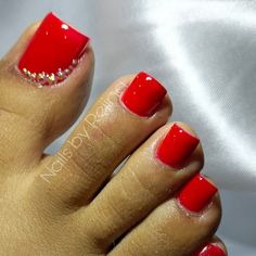 Red Pedicure With Rhinestone, Red Toenails With Design, Red Toes With Design, Red French Toe Nails, Red Toe Nails Ideas, Red French Tip Nails Toes, Red Acrylic Toe Nails, Red French Tip Pedicure, Bright Red Pedicure