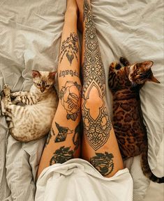 two cats and a woman laying in bed with tattoos on their legs next to each other