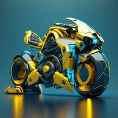 a yellow and blue motorcycle is shown in this 3d image, it appears to have been made out of metal