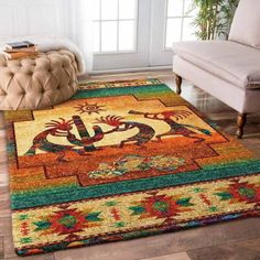 a colorful area rug with an image of a dragon on the front and side of it