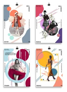 four posters with different styles of women's clothing and accessories on them, each featuring an image of a woman in a dress