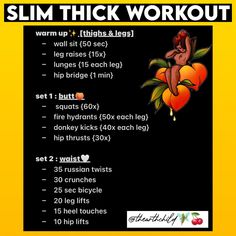 a poster with instructions for how to use the slim thick workout program on an orange background