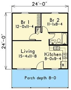 the floor plan for a two bedroom house with an attached kitchen and living room area