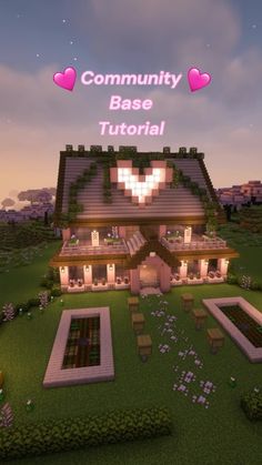 an image of a house in the middle of a field with hearts on it's roof