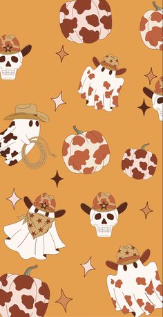 a cow with a cowboy hat and stars on an orange background