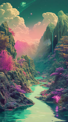 a river flowing through a lush green forest under a sky filled with stars and planets