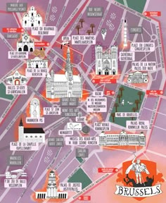 an illustrated map of the city of brussels, with all its landmarks and names on it