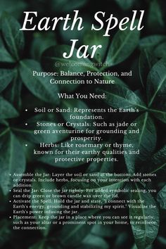 the earth spell jar with green leaves on it and instructions for how to use it