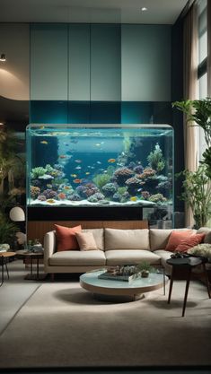 Living Room Wall Aquarium Design Aquarium At Home Living Rooms, Wall Aquarium Living Rooms, Fish Aquarium Ideas For Living Room, Home Aquarium Living Rooms, Aquarium Room Ideas, Aquarium Design Fish Tanks, Wall Aquarium Design, Living Room Fish Tank