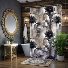 a bath room with a shower curtain and a mirror