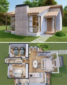 two pictures of small houses in the same area, one has a kitchen and living room