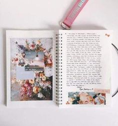 an open book with pictures and words on the page next to a pink lanyard