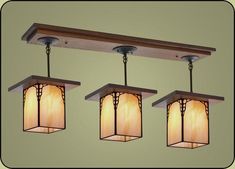 three lights hanging from a wooden ceiling fixture