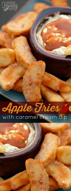 apple fries with caramel cream dip on a blue plate and text overlay that reads, apple fries with caramel cream dip